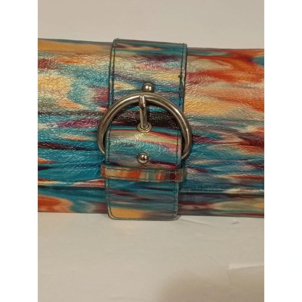 Multicolor Abstract Brushstroke Wristlet Clutch with Buckle Detail and ID Window
